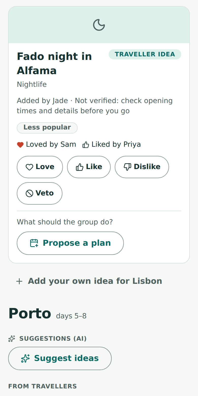 An activity idea, Fado night in Alfama, loved by Sam and liked by Priya, with buttons to Love, Like, Dislike or Veto.