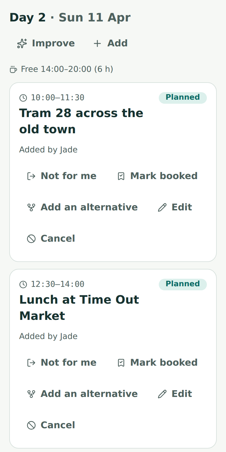 Day 2 of the itinerary: a tram ride at 10:00 and lunch at Time Out Market at 12:30, each marked Planned.