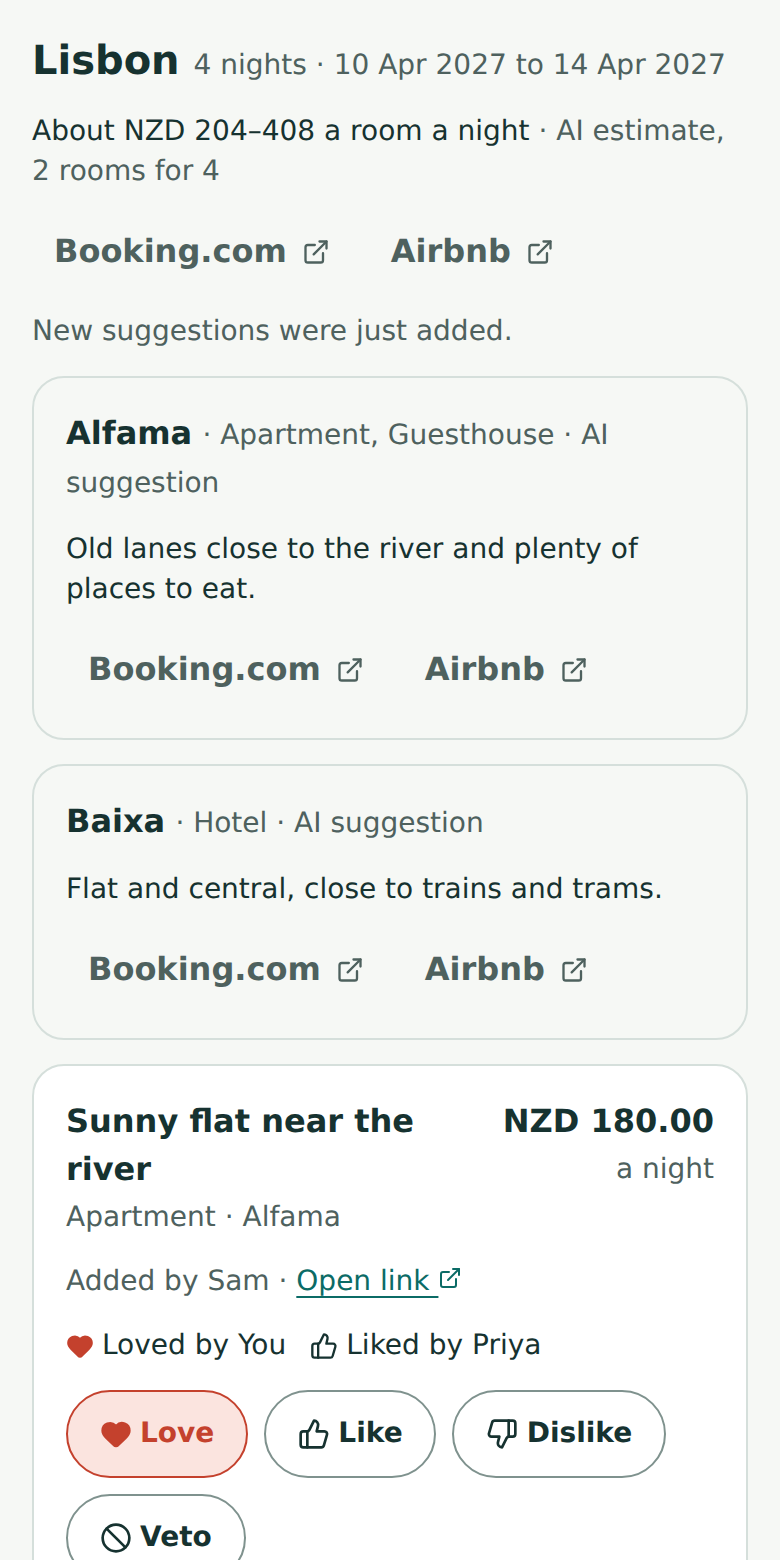 Where to stay in Lisbon: an estimated nightly cost, Booking.com and Airbnb searches, suggested areas, and a shortlisted flat loved by one traveller and liked by another.